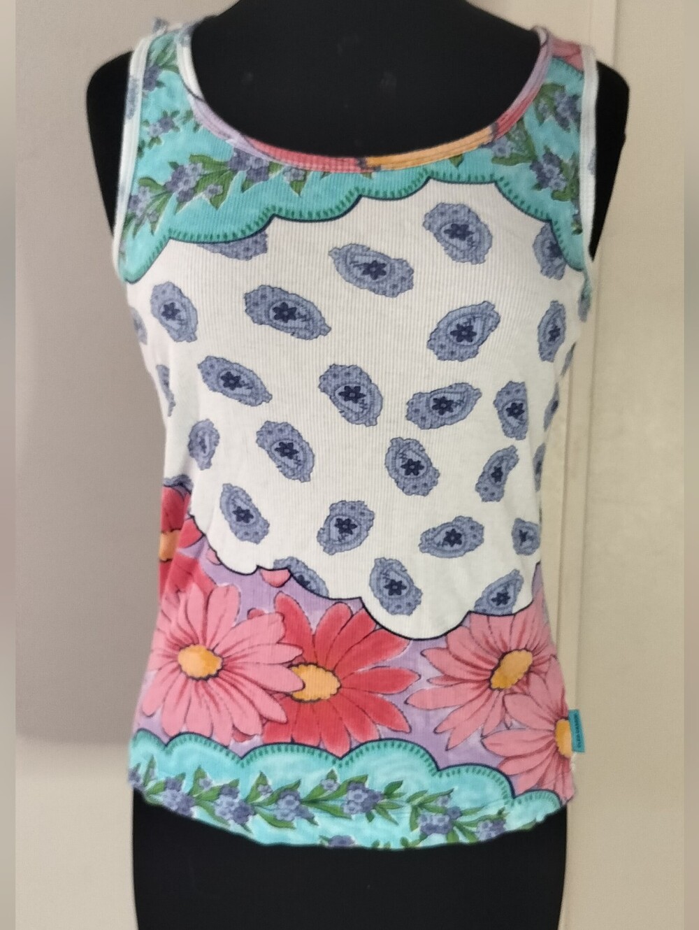 Oleg Cassini Floral Border Tank Top in White, Pink and Teal